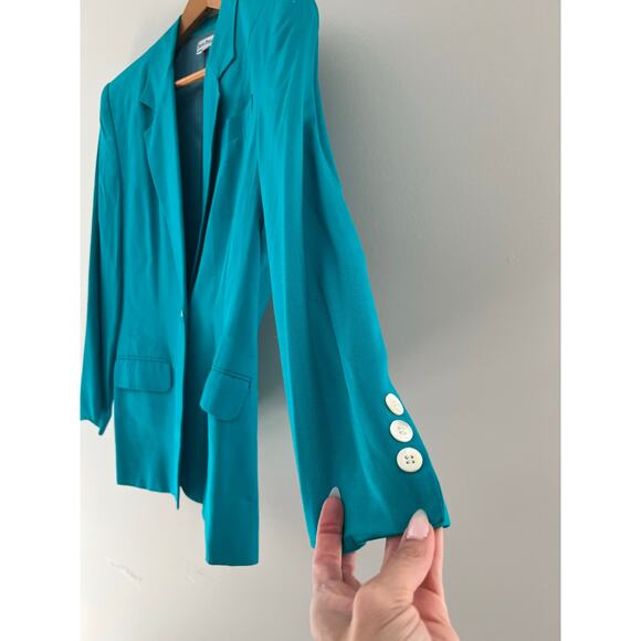 Vintage 1980s David Brooke Teal Rayon & Silk One Button Blazer Size 12 JL - Picture 2 of 10